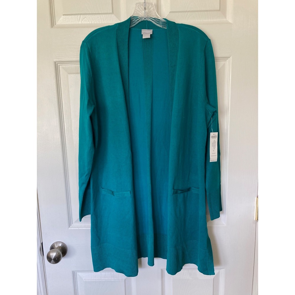 Chicos Easy Straight Front Long Cardigan Sweater Bright Teal Size 1 (M) New
